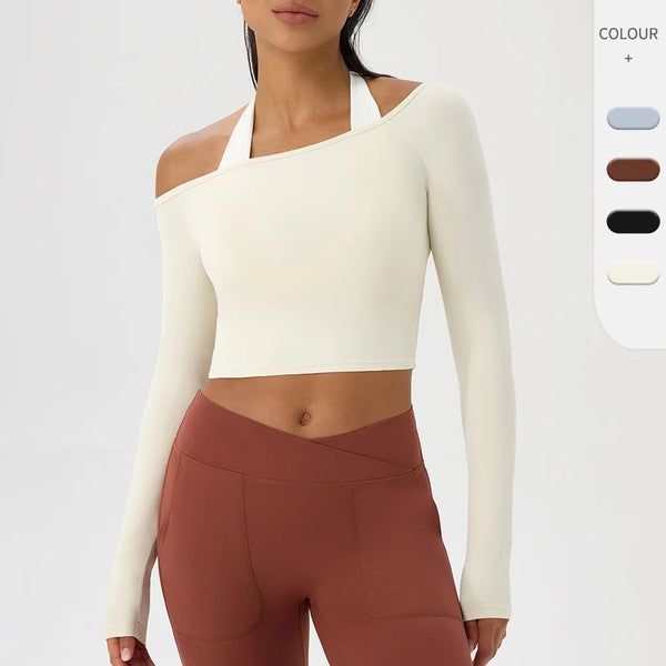 One-Shoulder Long Sleeve Yoga Top - Ivory