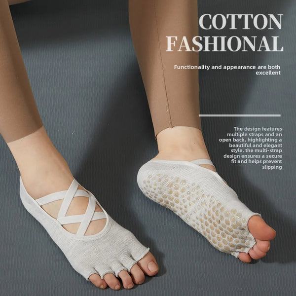 1 Pair Anti Slip Five Finger Yoga Socks Cross Strap Half Open Split Finger Yoga Socks Professional Full Five Finger