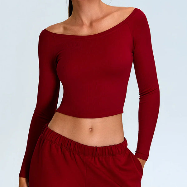 Off-Shoulder Long Sleeve Yoga Top - Wine